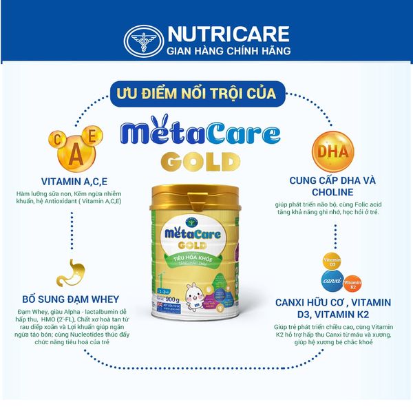 [Tặng 2 lọ yến] Sữa bột Nutricare MetaCare Gold 1+ tiêu hóa khỏe tăng hấp thu 900g