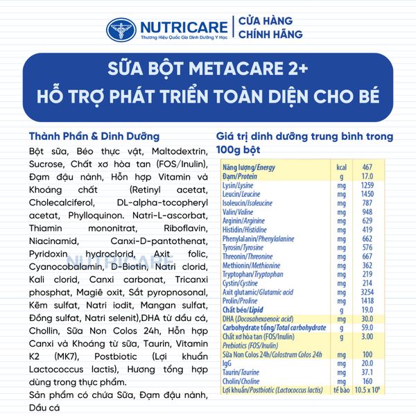 Sữa Bột METACARE 2+ Nutricare Giúp Bé Tăng Cân Phát Triển Chiều Cao Tăng Cường Sức Đề Kháng Bé 2-10 Tuổi 850G/Lon