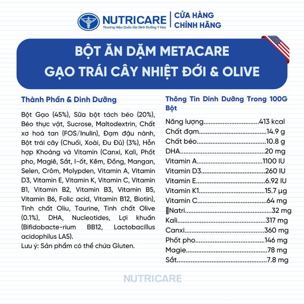 Bột Ăn Dặm Nutricare Metacare Gạo Trái Cây Nhiệt Đới & Olive 200g