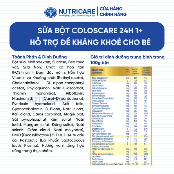 Sữa Bột COLOSCARE 24H 1+ Nutricare Bé Tăng Cân Cao Lớn Đề Kháng Khoẻ Tiêu Hoá Tốt Với Sữa Non 24h IgG 1200+ Từ 1-2 Tuổi
