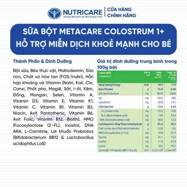 Sữa Bột METACARE COLOSTRUM 1+ Nutricare Tăng Cường Miễn Dịch Sức Đề Kháng Bé Từ 1-10 Tuổi Với Sữa Non IgG 1450+ 800G
