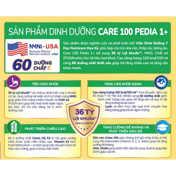 Sữa Bột CARE 100 GOLD PEDIA 2+ Nutricare Hỗ Trợ Tăng Cân Tăng Cường Miễn Dịch Tiêu Hoá Khoẻ Chứa Sữa Non 24h Cho Bé 850G