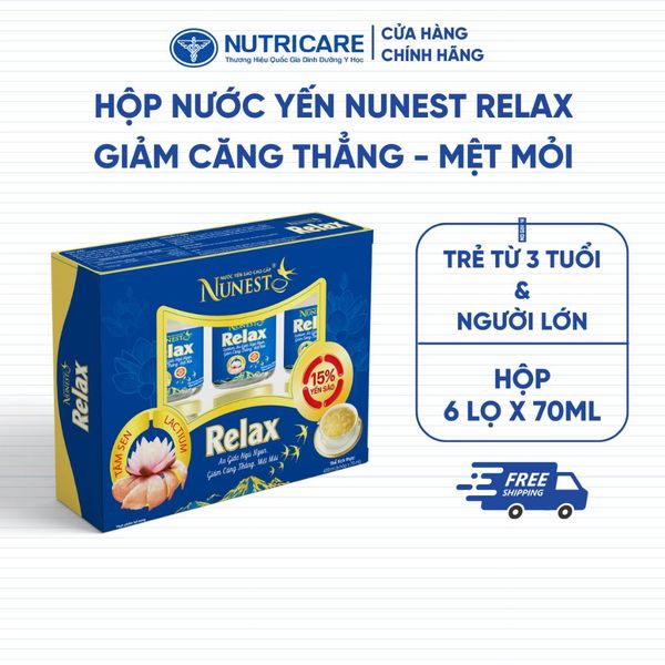 Hộp 6 Lọ Nước Yến Sào NUNEST RELAX 15% Tổ Yến Bồi Bổ Sức Khoẻ An Giấc Ngủ Ngon Giảm Căng Thẳng Mệt Mỏi 70ml/hũ