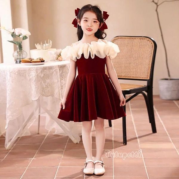  P24_296. Đầm Tiểu Thư Nhung Hàn Cao Cấp Đỏ 