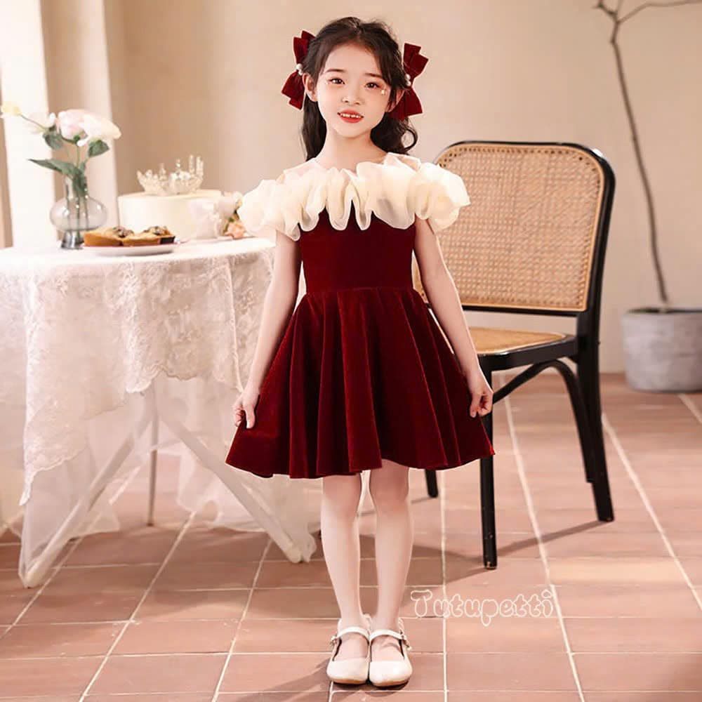  P24_296. Đầm Tiểu Thư Nhung Hàn Cao Cấp Đỏ 