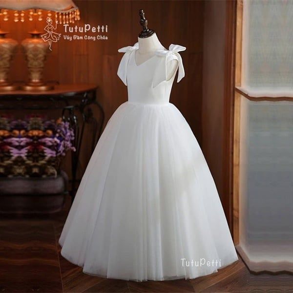  P23_209. Đầm Công Chúa Trắng Dài Nơ Vai 