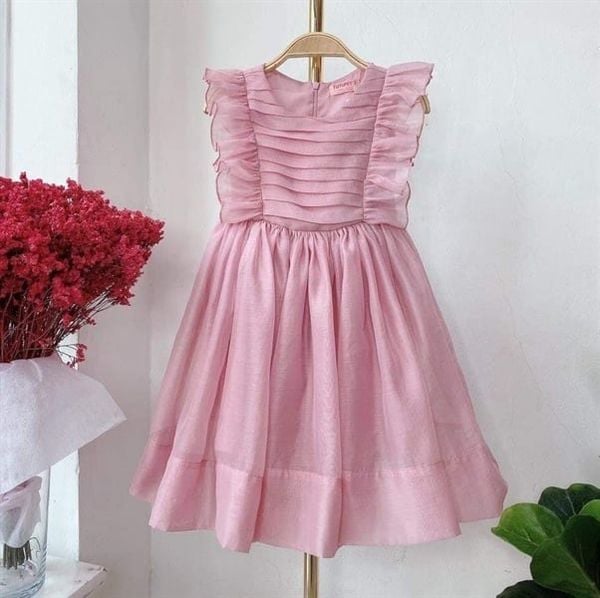  4051.Đầm Tiểu Thư Xếp Pli Cánh Tiên Hồng Ruốc 