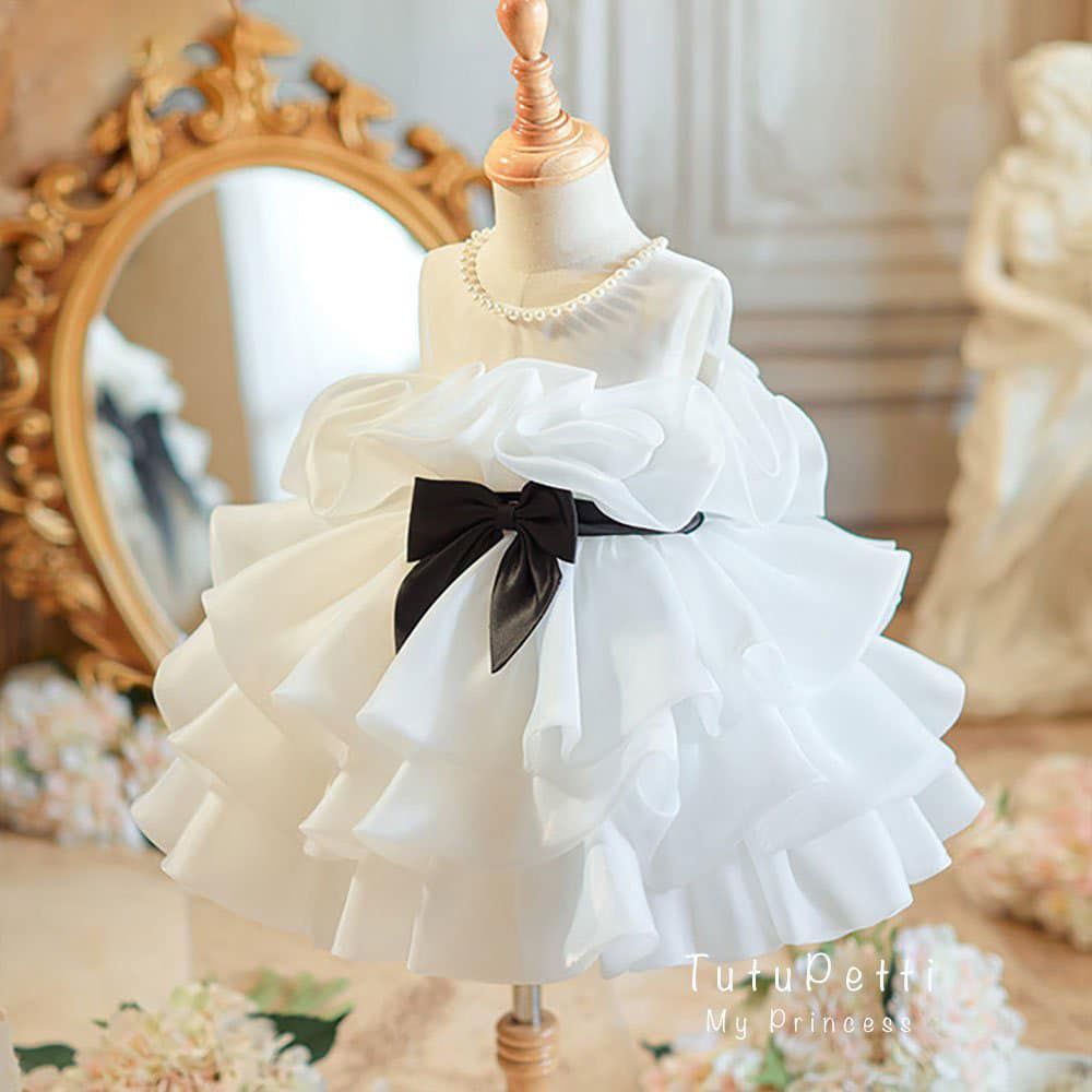  P24_206. Đầm Công Chúa Cao Cấp Trắng Nơ Đen 