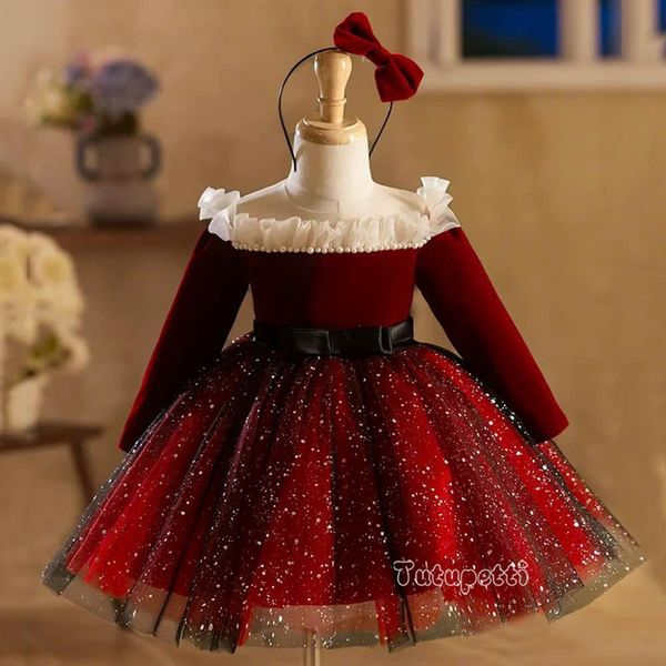  P24_305. Đầm Tiểu Thư Nhung Tay Dài Đỏ 