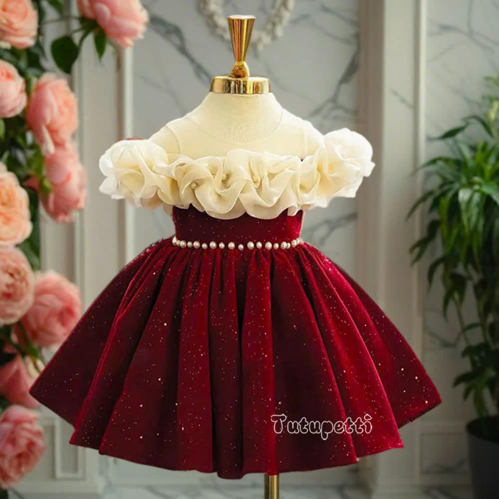  P24_302. Đầm Tiểu Thư Lấp Lánh Nhung Đỏ 