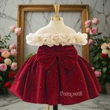  P24_302. Đầm Tiểu Thư Lấp Lánh Nhung Đỏ 