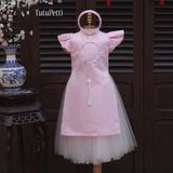  AD25_26. Áo Dài Đính Ngọc Trai Hồng 