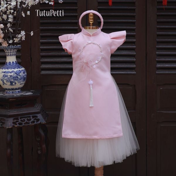  AD25_26. Áo Dài Đính Ngọc Trai Hồng 