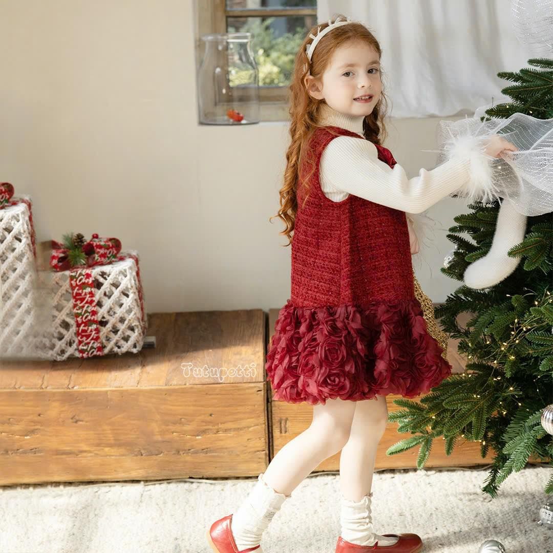  P24_349. Đầm Tiểu Thư Bèo Hoa Đỏ 