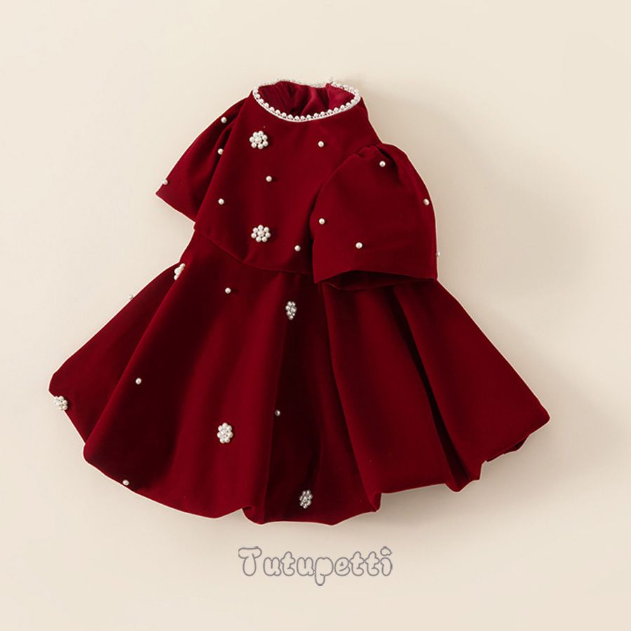  P24_348. Đầm Nhung Đính Ngọc Trai Đỏ 