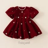  P24_348. Đầm Nhung Đính Ngọc Trai Đỏ 