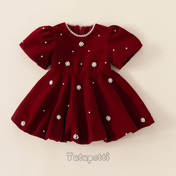  P24_348. Đầm Nhung Đính Ngọc Trai Đỏ 