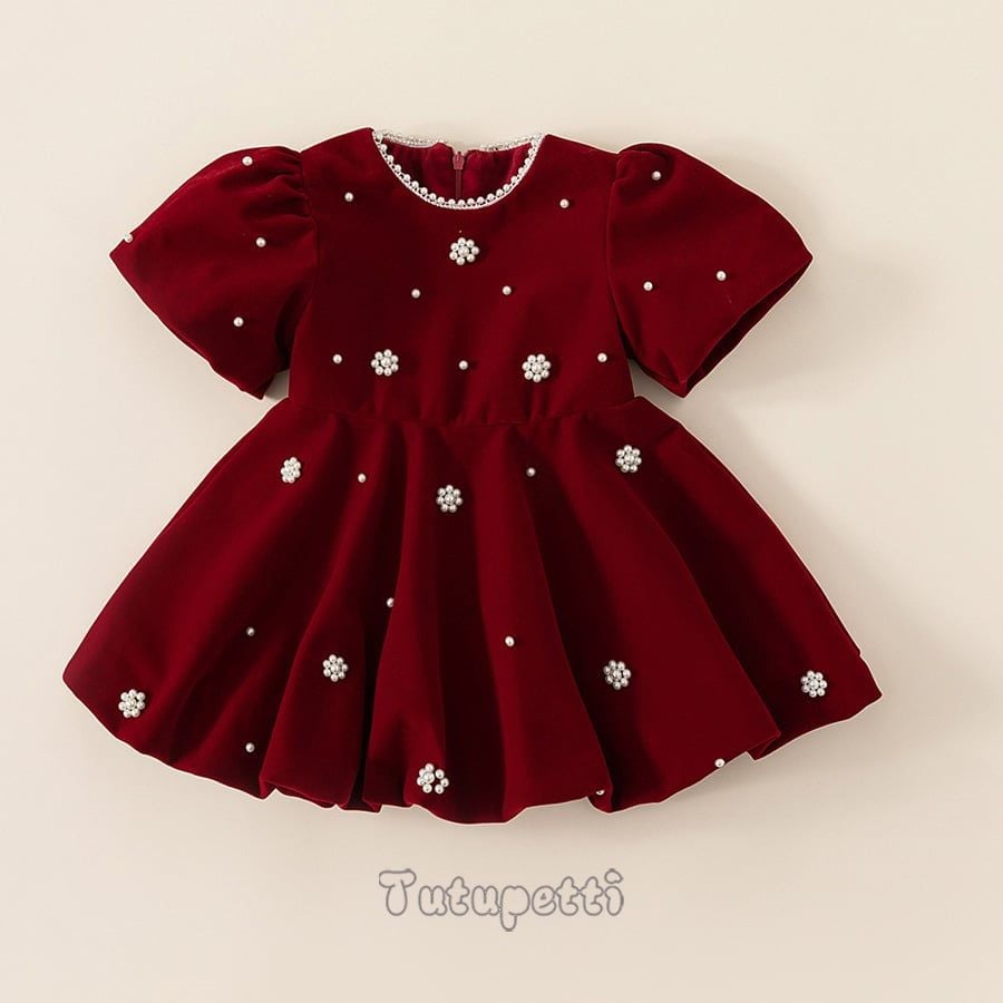  P24_348. Đầm Nhung Đính Ngọc Trai Đỏ 