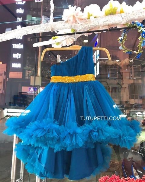  90990.Đầm Tiệc Lệch Vai Xanh Cổ Vịt 