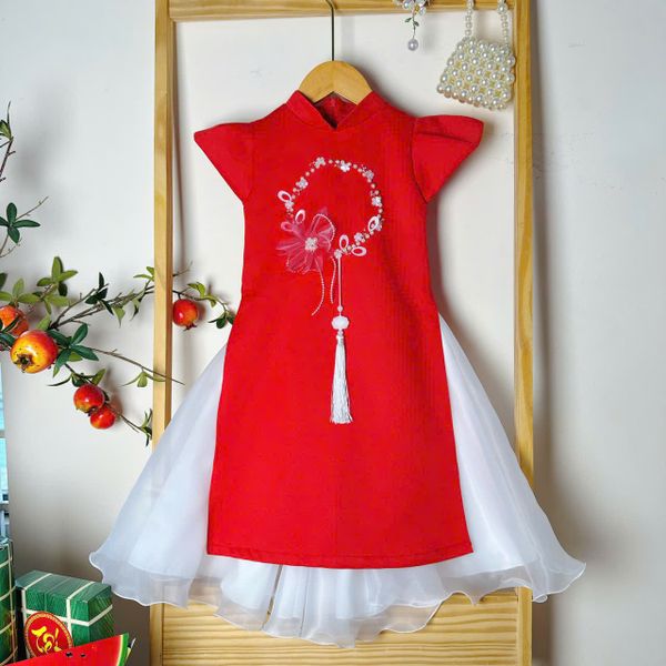  AD25_26. Áo Dài Đính Ngọc Trai Đỏ 