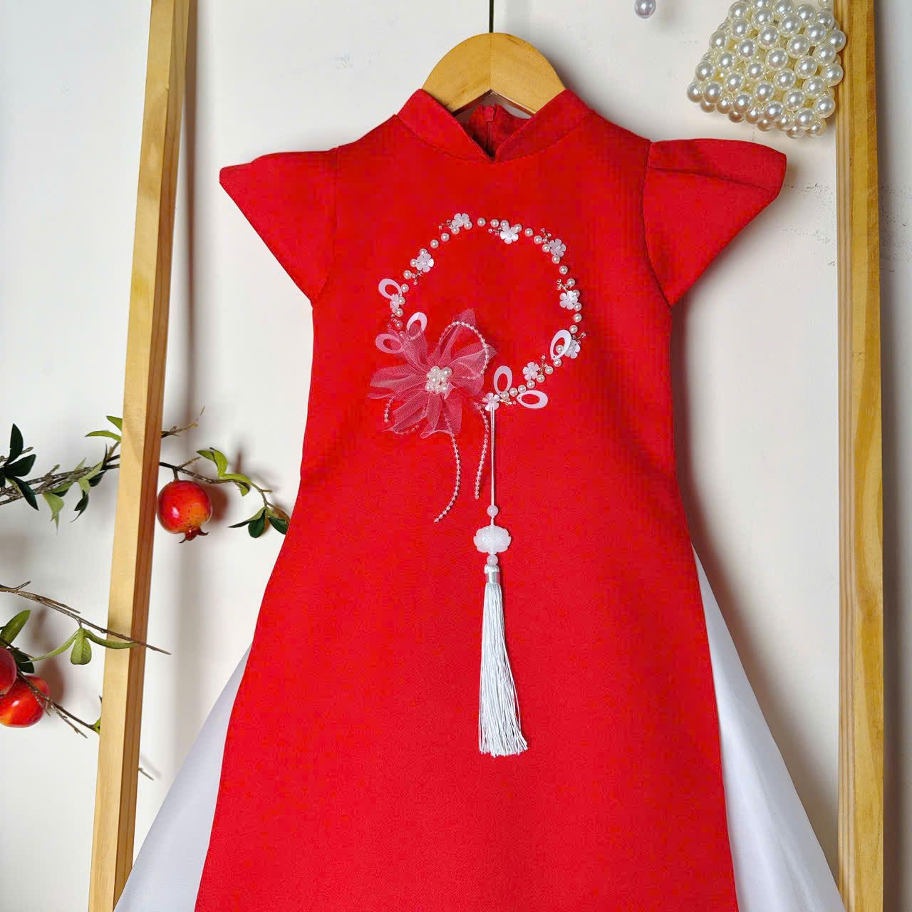  AD25_26. Áo Dài Đính Ngọc Trai Đỏ 