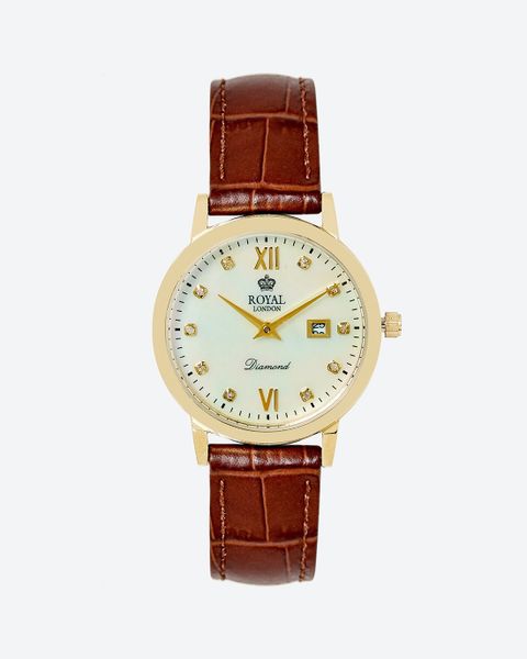 Đồng Hồ Nữ Analog Diamond Mặt Trắng Dây Da Nâu 30mm