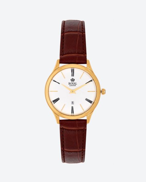 Đồng Hồ Nữ Mặt Tròn Viền Gold Dây Da Vân 33mm