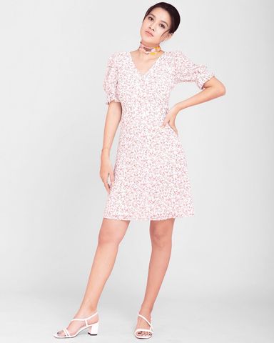 Đầm Cổ V Tay Phồng Hoa Nhỏ