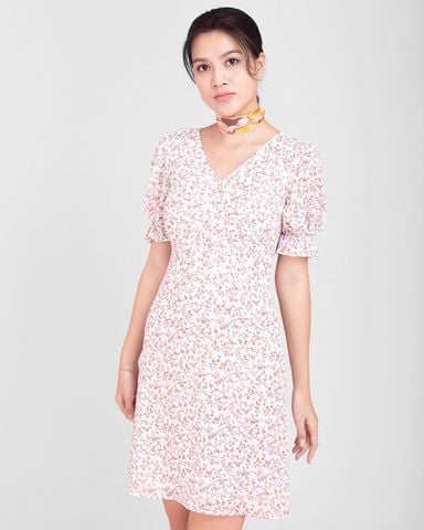 Đầm Cổ V Tay Phồng Hoa Nhỏ