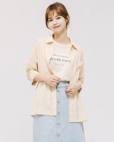 Áo Sơ Mi Nữ Tay Lửng Phối Sọc Dọc