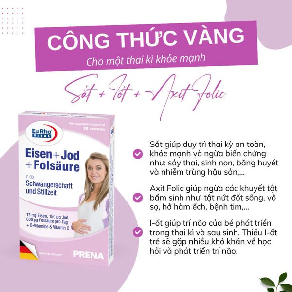 Viên uống Bổ sung sắt acid folic cho bà bầu, người lớn Eisen +Jod + Folsaure (30 viên - 60 viên)