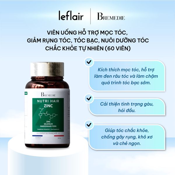 Viên Uống Bremedie Nutri Hair ZinC Hỗ Trợ Mọc Tóc, Giảm Rụng Tóc, Nuôi Dưỡng Tóc Tự Nhiên (60 viên)