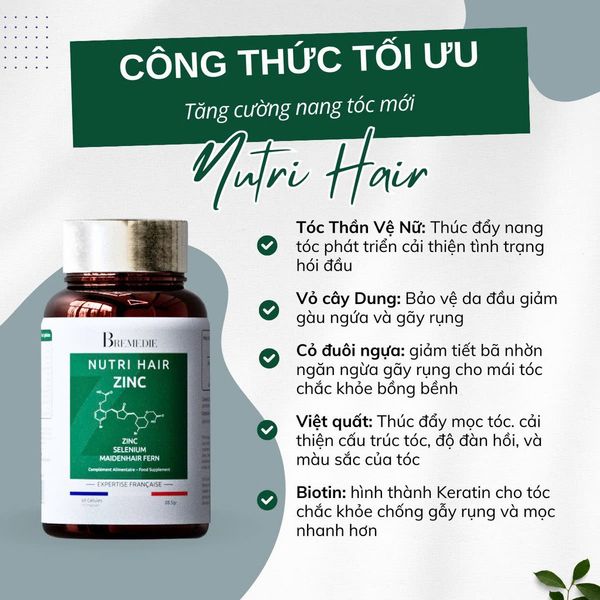 Viên Uống Bremedie Nutri Hair ZinC Hỗ Trợ Mọc Tóc, Giảm Rụng Tóc, Nuôi Dưỡng Tóc Tự Nhiên (60 viên)