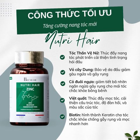 Viên Uống Bremedie Nutri Hair ZinC Hỗ Trợ Mọc Tóc, Giảm Rụng Tóc, Nuôi Dưỡng Tóc Tự Nhiên (60 viên)
