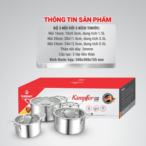 Bộ Nồi Inox 3 Lớp Liền Khối Kalpen Kampfer KF1