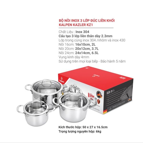 Bộ nồi Inox 3 lớp liền khối Kalpen Kazler