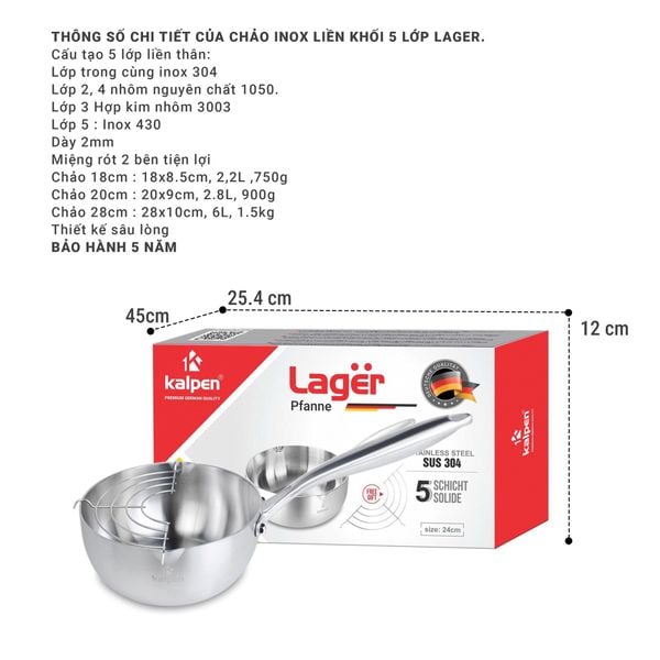 Chảo Inox 5 lớp liền khối miệng rót Kalpen Lager