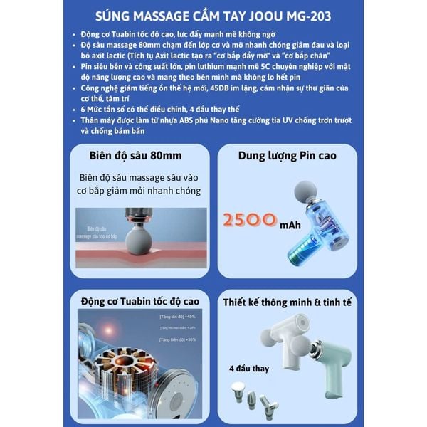 Máy Massage Cầm Tay JOOU MG203 pin siêu bền, 6 tốc độ, 4 đầu thay