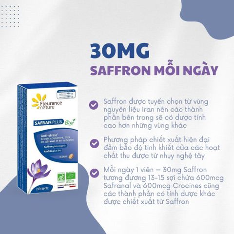 Viên uống chiết xuất nhụy nghệ tây giảm căng thẳng, cải thiện giấc ngủ Safran Plus Bio (15 viên)