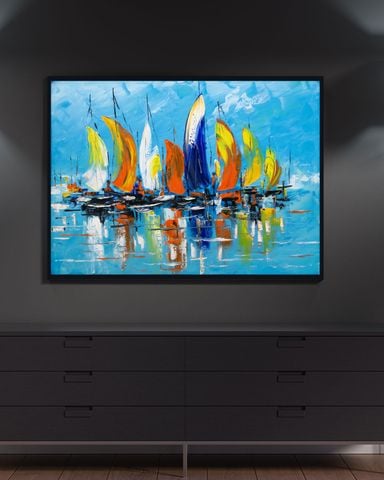 Tranh Sơn Dầu Vẽ Tay Bến Thuyền Xanh