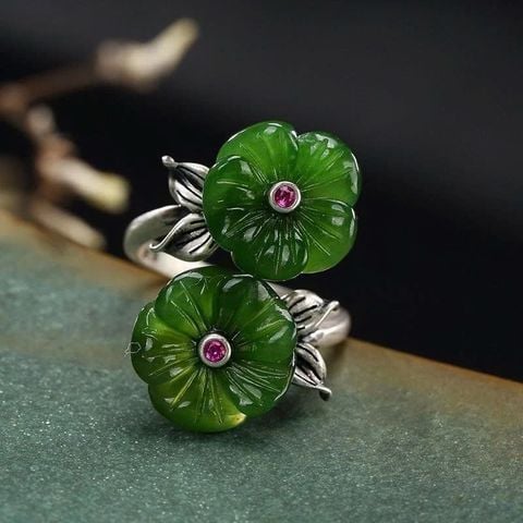 Nhẫn Nữ Kya Jewel Ngọc Nephrite Xanh Lục Dáng Hoa Rực Rỡ (Bạc, Freesize) - NAR1
