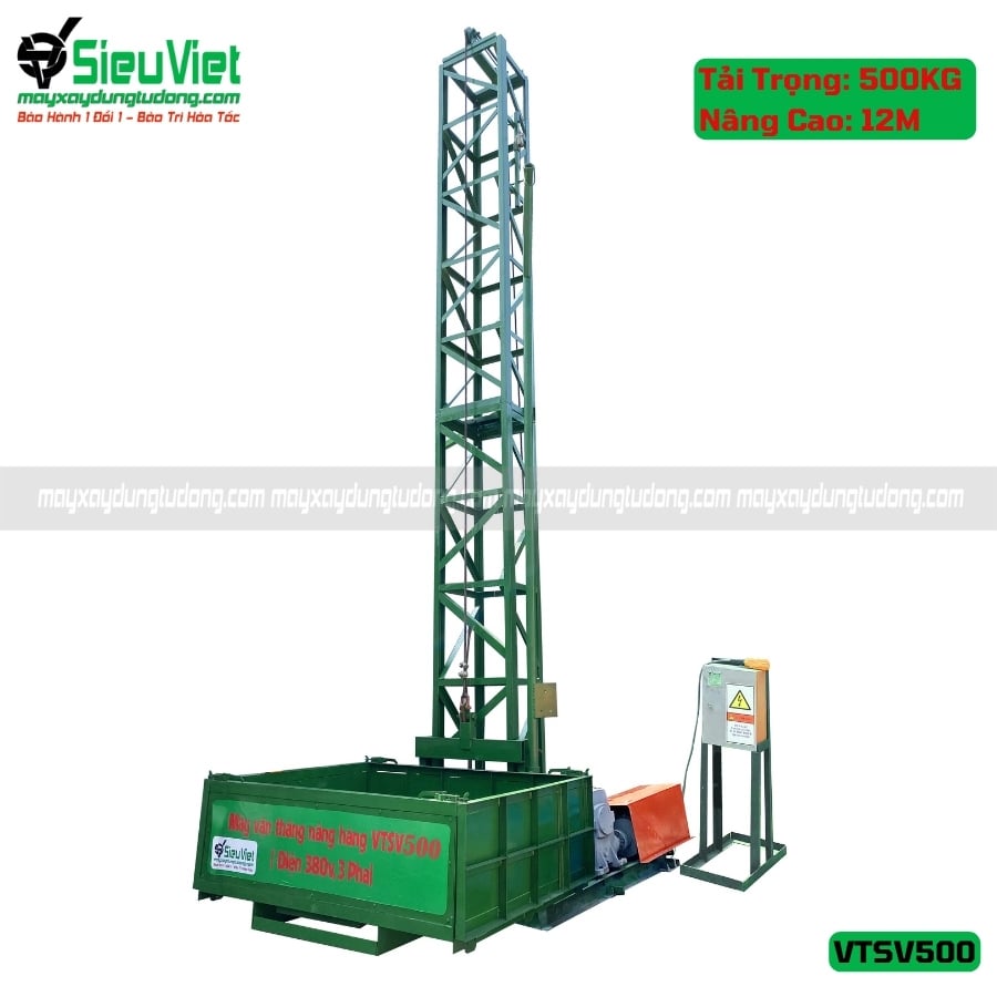 Cho thuê vận thăng Cao 12M 500kg VTSV500 - Điện 380v, 3 pha