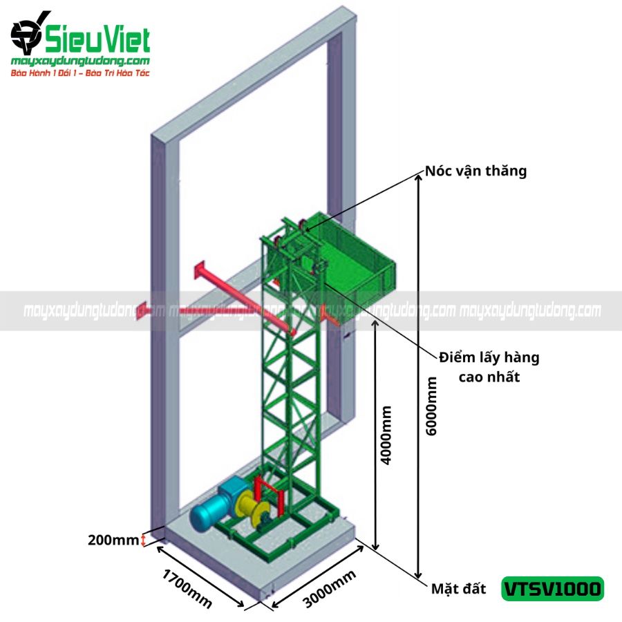Vận thăng nâng hàng 1000kg cao 6m (Điện 380V, 3 phase)