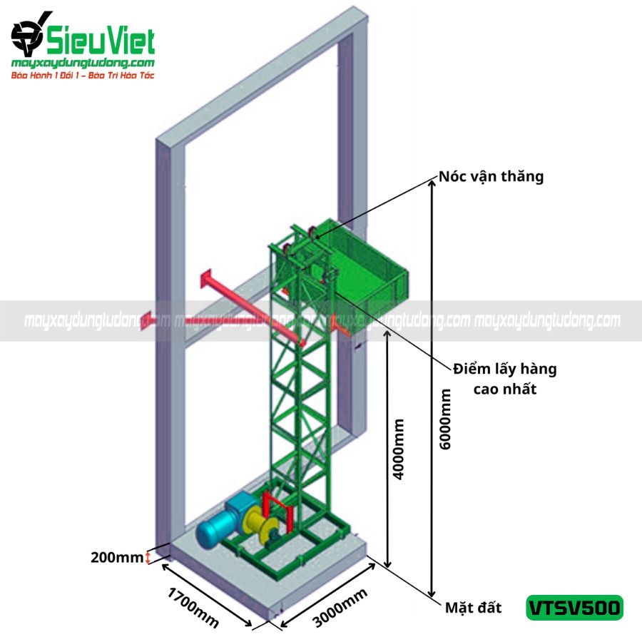 Vận thăng nâng hàng 500kg cao 39m (Điện 380V, 3 phase)