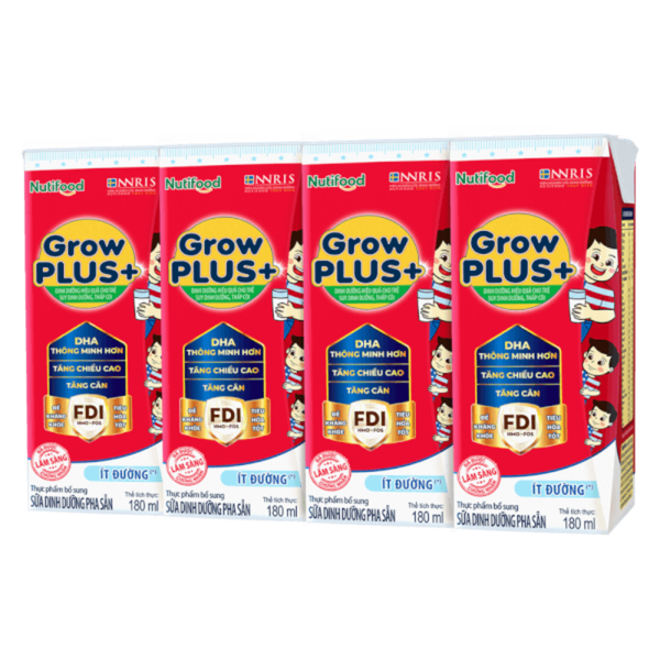 Sữa BPS Nutifood Grow PLUS+ Ít đường 180ml cho bé trên 1 tuổi (lốc 4 hộp)