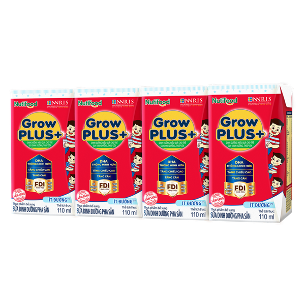 Sữa BPS Nutifood Grow PLUS+ Ít đường 110ml cho bé trên 1 tuổi (lốc 4 hộp)