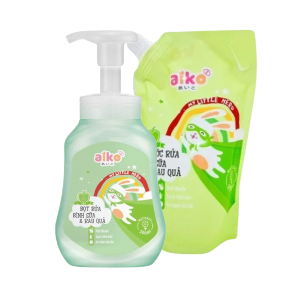 Nước rửa bình sữa Aiko tạo bọt 500ml hương táo (chai, tặng kèm túi)