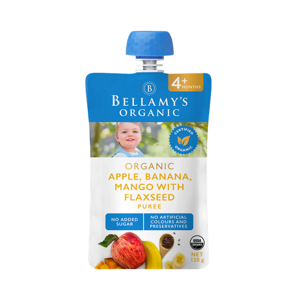 Trái cây và hạt xay nhuyễn táo chuối xoài và hạt lanh Bellamy's organic 4m+