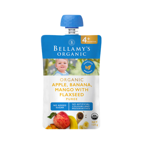 Trái cây và hạt xay nhuyễn táo chuối xoài và hạt lanh Bellamy's organic 4m+