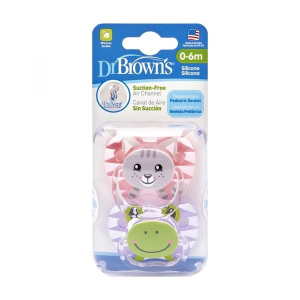 Bộ 2 ty ngậm in hình con mèo và con ếch 0-6M Dr Brown's